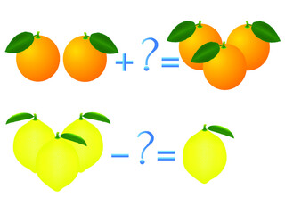 Action relationship of addition and subtraction, examples with lemons and oranges.