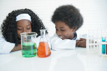 Little African kids learning chemistry and doing a chemical science experiment in a laboratory in school. Clever black boy and girl look at liquid in experimental flask on white background