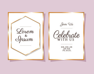 Two wedding invitations with gold frames design, Save the date and engagement theme Vector illustration