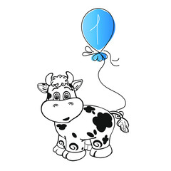 The symbol of the year is a bull in the vector. A festive black and white little calf with a balloon is smiling. Isolated white background, for calendar, postcards, print for packages