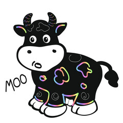 The symbol of the year is a bull in the vector. Festive black-and-white print of a small calf with rainbow heels with the inscription Moo . Isolated white background, for calendar, postcards, print fo