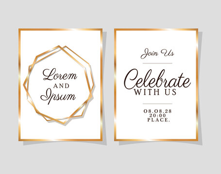 Two wedding invitations with gold frames design, Save the date and engagement theme Vector illustration
