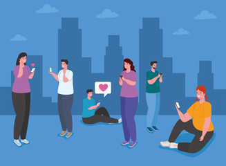 couple using smartphone in the city, social media and communication technology concept