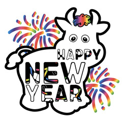 The outline of a bull or calf is the symbol of the year in the vector with fireworks . Happy new year sign. T-shirt print, postcard