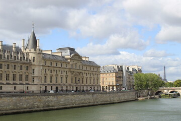 Fototapeta na wymiar Vista de la ciudad en unaa tarde nublada edificios en tonos claros con algunos arboles en las orillas del río