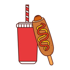 fast food corn dog with drink on white background