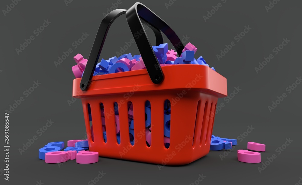 Poster Male and female gender symbols inside shopping basket