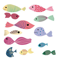 Children illustration of many different multicolored fish. Set of isolated underwater animals. Cheerful smiling kind sea creatures swiming. For kids textile, print, postcard, wrapping paper, scrapbook