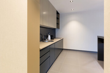 Kitchenette interior in modern hotel apartment