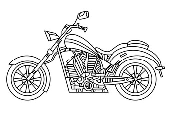 Motorcycle. Coloring book for transport children. Road car, truck, movement. Simple lines, copyright illustrations.