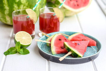Fresh delicious watermelon sliced with mint and watermelon juice