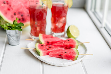 Fresh delicious watermelon sliced with mint and watermelon juice