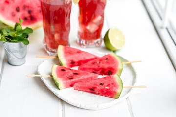 Fresh delicious watermelon sliced with mint and watermelon juice