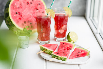 Fresh delicious watermelon sliced with mint and watermelon juice