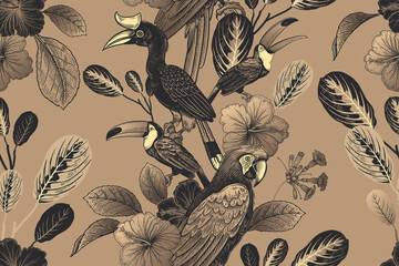 Tropical floral seamless pattern. Tropical leaves and flowers, birds, parrots and toucans. Vector