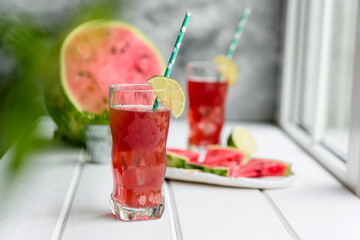 Fresh delicious watermelon sliced with mint and watermelon juice
