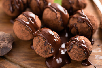 Chocolate bobon candy truffles with chocolate glaze
