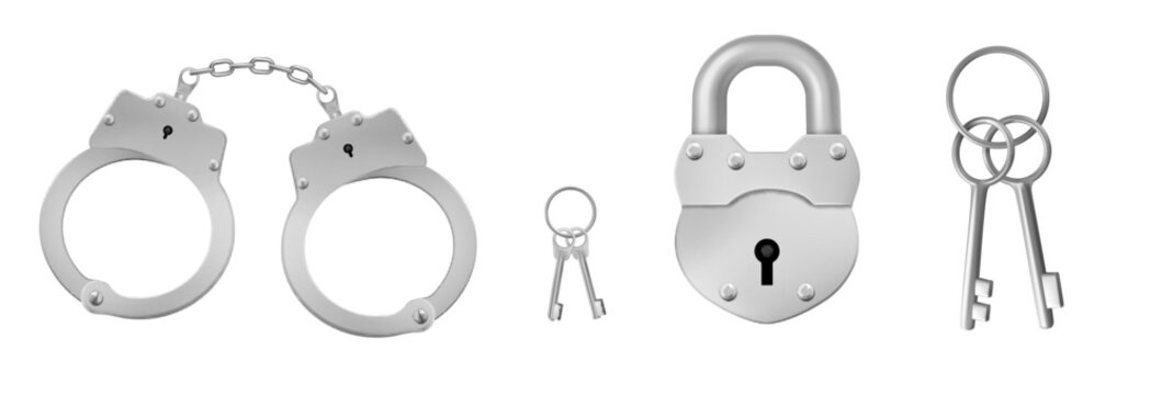 Closed handcuffs and padlock with keys. Concept of police arrest, jail custody. Vector realistic set of metal handcuffs for crime or gang, lock for prison and keys isolated on white background