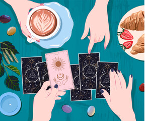 A session with a fortune teller with tarot cards, drink coffee and wait on arcane cards at the mystical guide, moon and sun tarot cards, Hands set in simple flat esoteric boho style. gold and pink  - obrazy, fototapety, plakaty