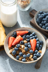 Granola with blueberries and strawberries in a bowl on concrete background. Natural light, strong shadows