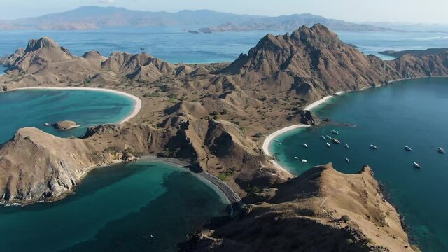 Aerial 4K pull in view of Padar island in Komodo - Indonesia