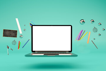 3d rendering of back to school concept, Set of school supplies on turquoise background. E-learning class and activity to continue education at home due to school closing, Learn from home.