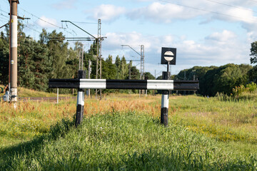 End of railway tracks signs. Railway concept. Rail transport