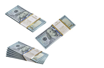 100 US Dollar bills banknotes bundles isolated on white background. American money, dollars fresh stacks closeup design element. Success, investment, making money, jackpot, business finance 3D concept