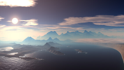3D ilustration of mountians landscape and sea
