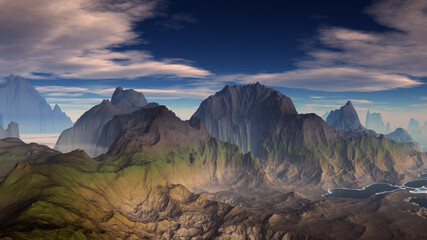3D ilustration of mountians landscape and sea
