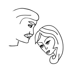 Beautiful hand-drawn vector illustration of heads of a young couple in love man and woman isolated on a white background