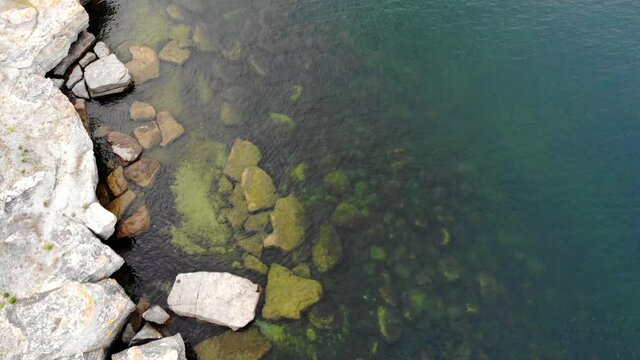 Bird's view of rocky sea landscape in Asunden Nature Reserve, Gotland, day