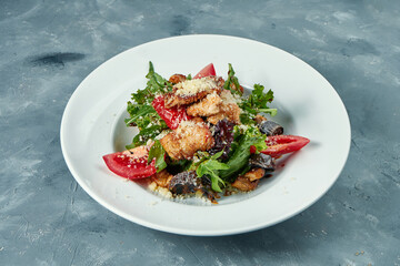 Appetizing salad with tomatoes, rucola and grilled turkey in a white plate. Concrete background