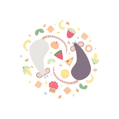 Vector illustration of rats with food on white background. Drawn by hand doodle style cartoon mouses with elements of food. Decorative element.
