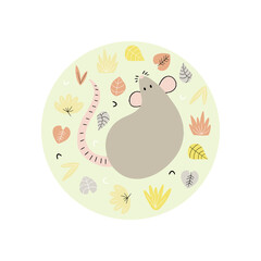 Drawn by hand grey rat illustration on green background. Vector mouse doodle sketch with plant elements. Decorative autumn design.