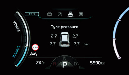 Close up of TPMS (Tire Pressure Monitoring System) monitoring display on modern car dashboard panel in full electric vehicle (EV). Pressure measurement in bar. Right tyre pressure.