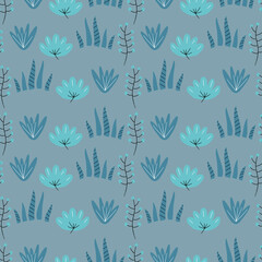 Colorful pattern of doodle plants on blue background. Drawn by hand vector floral elements for decorative designs of wrapping, clothes. Plants background.