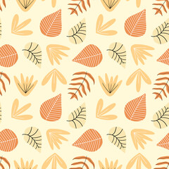 Autumn colorful pattern on yellow background. Hand drawn plant and leaf elements for decorative designs.