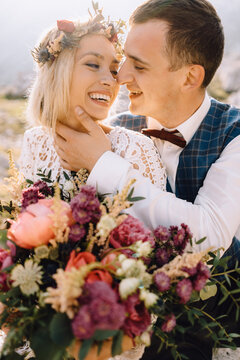 beautiful couple in love enjoy the touching moment of their wedding day