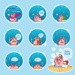 Fototapeta na wymiar Set of vector cartoon pearl oyster in water bubble or drop of water. Illustration of kawaii pink snail with different face expression. Perfect for icons, prints, stickers or smiles. Abstract design