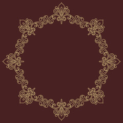 Oriental vector golden round frame with arabesques and floral elements. Floral border with vintage pattern. Greeting card with place for text