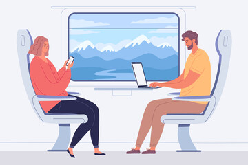 Two young people travelling in the modern train © HilaryDesign