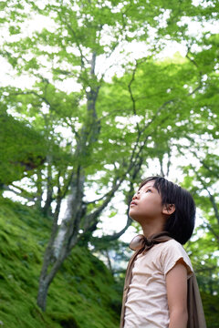 Asian little girl looking up to the sky in a quiet garden