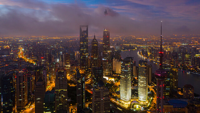 high angle view of illuminated buildings at night,Shanghai