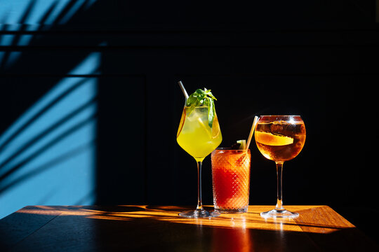 Arrangement of delicious alcohol beverages on table