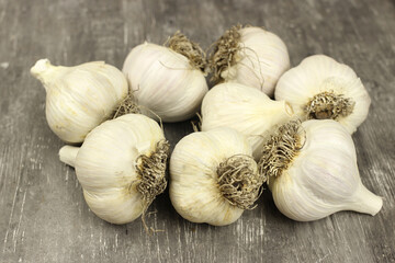 bulbs of garlic on a grey background. The concept of healthy eating, traditional medicine, crop