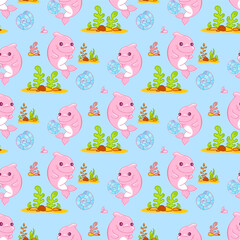 Abstract vector seamless pattern. Funny baby girl pink dolphin with seashells and seaweeds on colored background, punch pastel colors. Cartoon pattern for kid’s design, fabric, textile