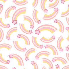 Seamless endless vector pattern. Simple abstract design. Little cute geometric falling stars, or rainbows with stars. Bright punch pastel children’s colors, white background