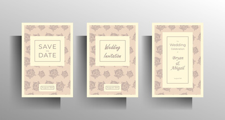 Wedding invitation template set. Vintage design with hand-drawn floral pattern in pastel colors. EPS vector 10.