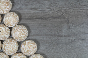 Sweet gingerbread cookies in sugar glaze. Gingerbread background.